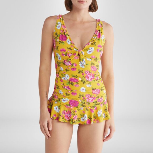 Betsey Johnson Other - Betsey Johnson Yellow Skirted One Piece Swimsuit with Floral Design Size Large